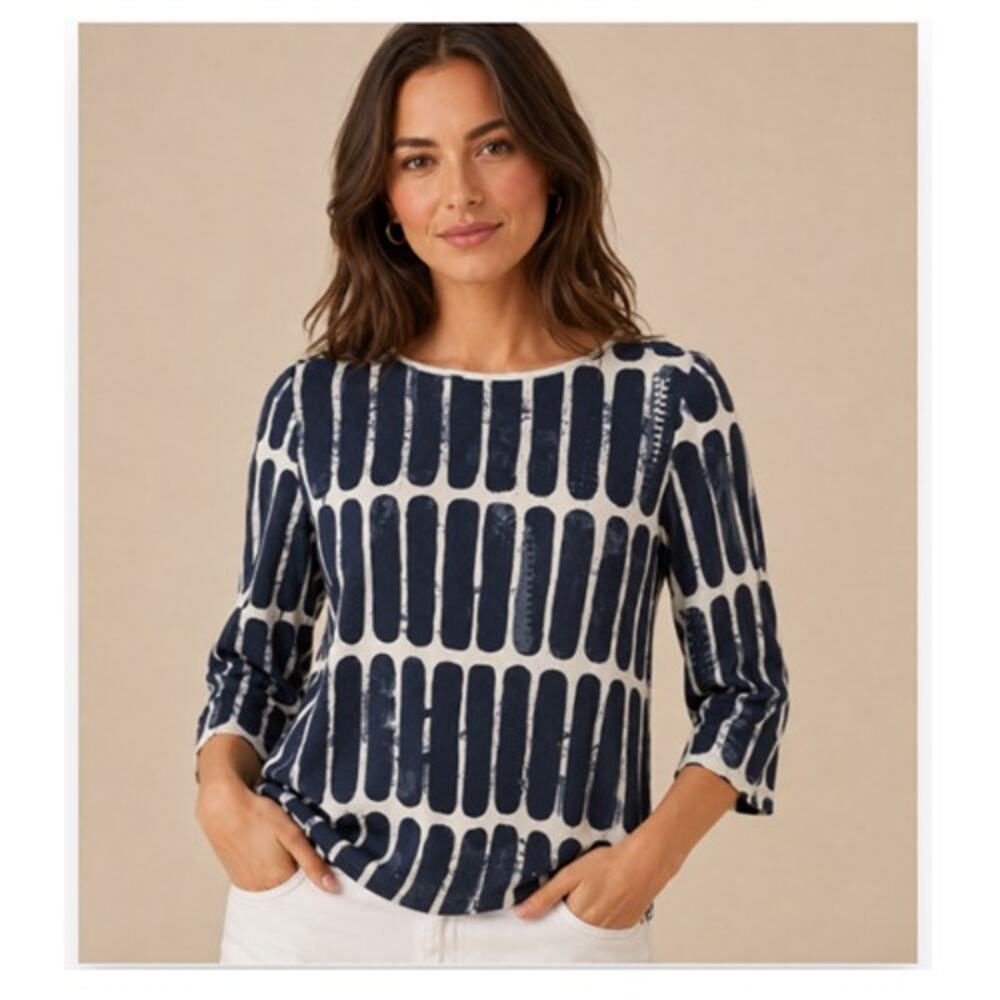 Porto SF Abstract Print Top Womens Size 0 US XS Black Tan 3/4 Sleeve Stretch